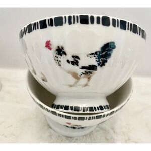 Potters Studio Ceramic Footed Bowl Rooster Chicken Black White Stripe Rim